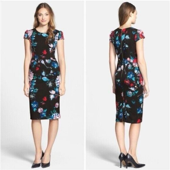 Betsey Johnson Sheath Sz 8 Black Floral Cap Sleeve Fitted Knee Pencil Dress - Picture 5 of 11